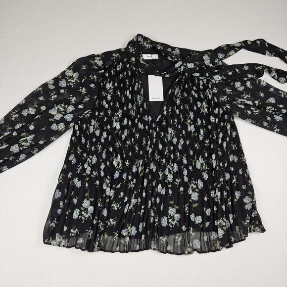 MNG Mango Womens Pleated Floral Blouse Relaxed Necktie Black Cottage Romantic 6 - Picture 15 of 16